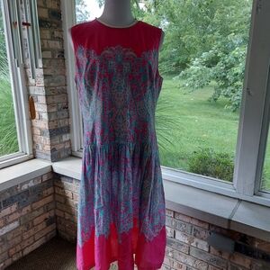 Vintage Kasper Pink and Light Blue Sleeveless Midi Sundress Drop Waist M/L